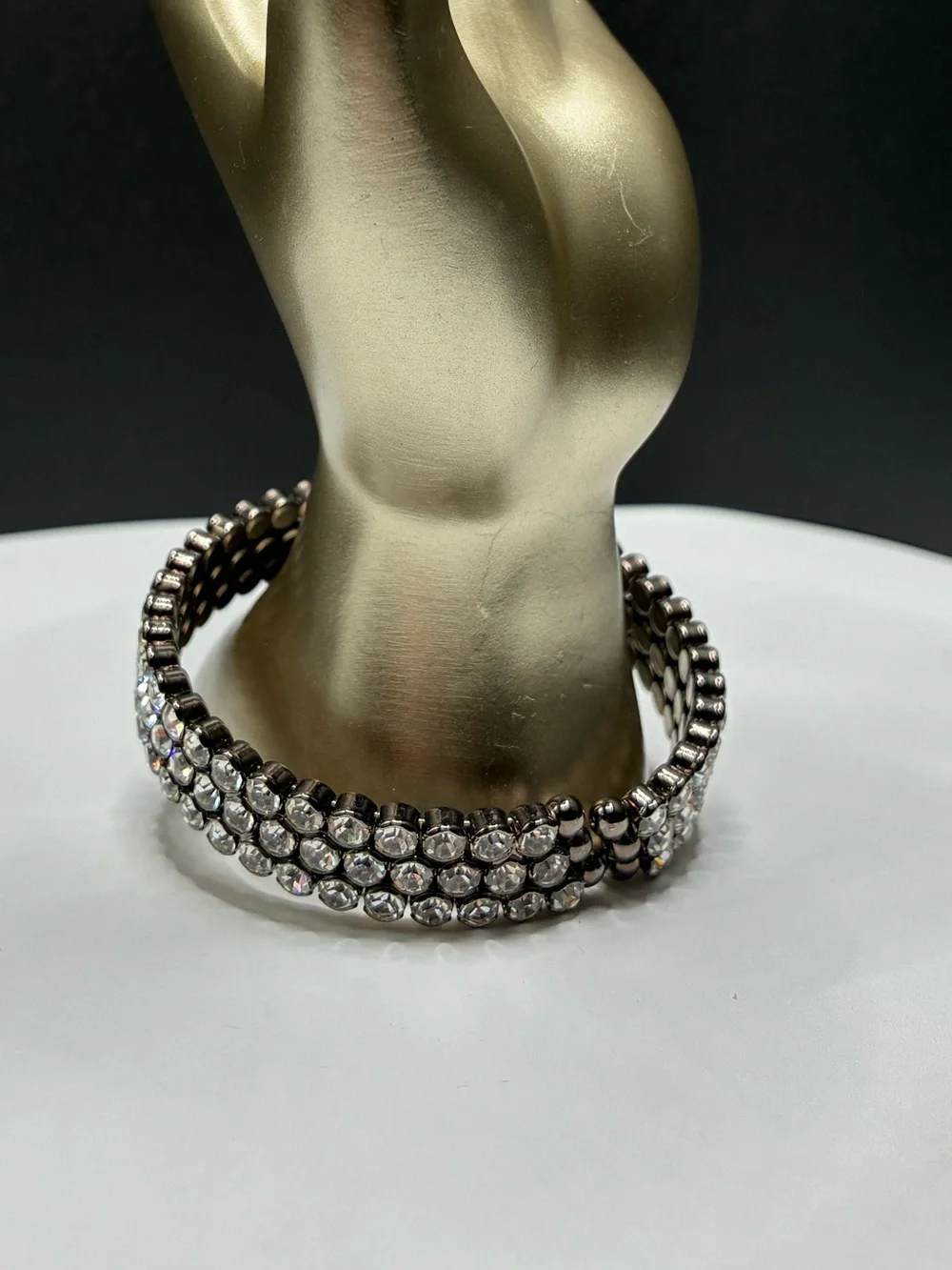 Vintage Gunmetal Crystal Flex-Cuff Bracelet W/Clear Rhinestone